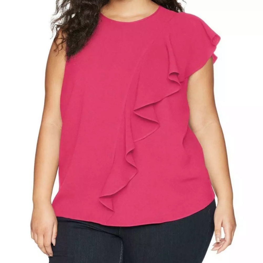Rachel Roy New Hot Pink Asymmetric Ruffle Top, 1X